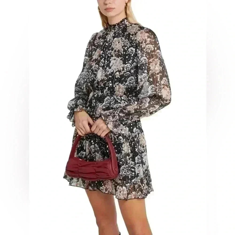 O.P.T. Womens M Black Metallic Floral A-Line Balloon Sleeve Cocktail Dress NWT